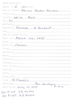 Brown County death certificate for Adrian Vander Heiden